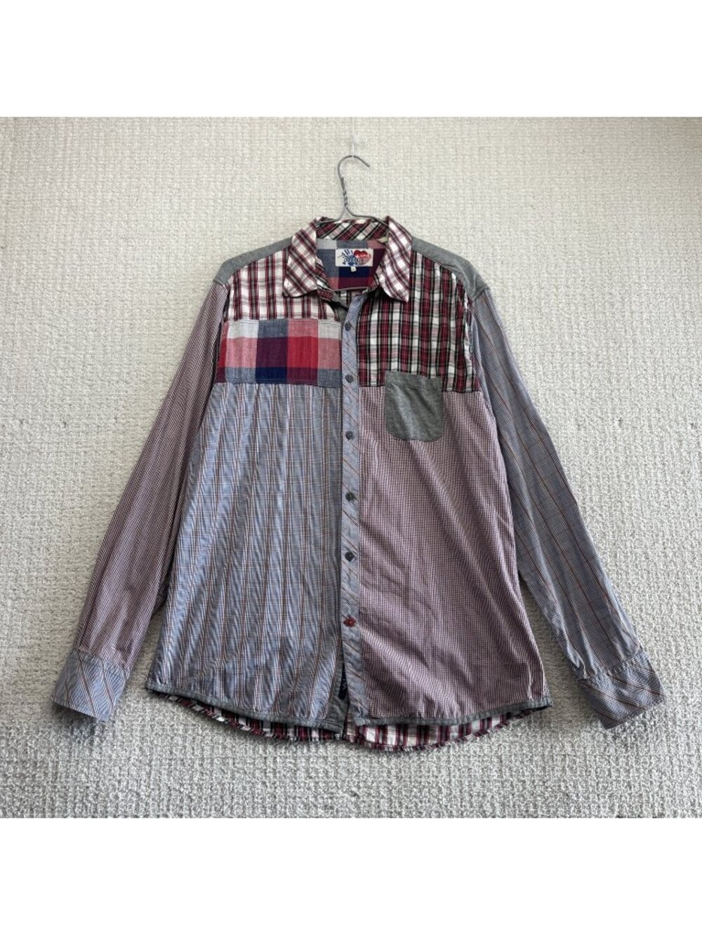 Y2K Desigual Button Down Long Sleeve Shirt L Artsy Patchwork Plaid Eclectic
